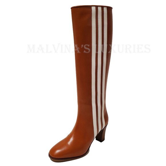 GUCCI BOOTS ADIDAS X KNEE HIGH STRIPE BROWN LEATHER  sz 38 8 US - Picture 9 of 16
